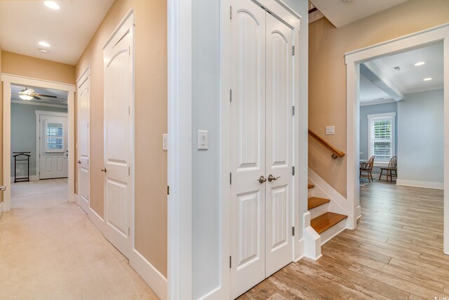 600 Waterbridge Blvd, Myrtle Beach, SC 29579 - hallway featuring baseboards, recessed lighting, light wood-style floors, and stairway