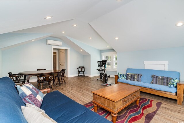 600 Waterbridge Blvd, Myrtle Beach, SC 29579 - living room with wood finished floors, a wall unit AC, baseboards, lofted ceiling, and recessed lighting