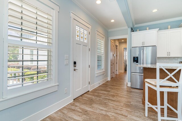 600 Waterbridge Blvd, Myrtle Beach, SC 29579 - entryway featuring baseboards, ornamental molding, light wood finished floors, and recessed lighting