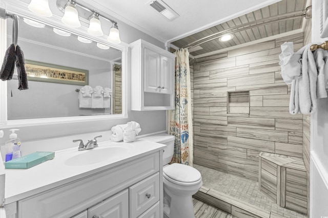1012 N Waccamaw Dr Unit 507, Murrells Inlet, SC 29576 - bathroom featuring toilet, vanity, tiled shower, and crown molding