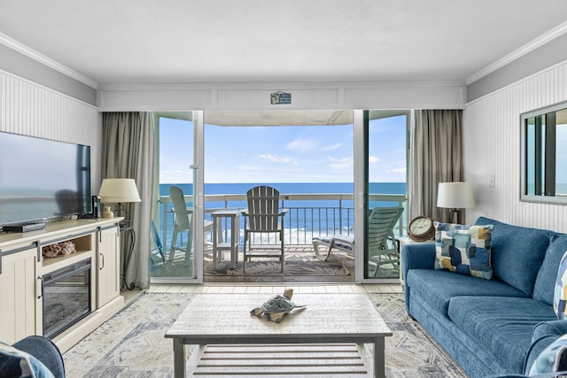 1012 N Waccamaw Dr Unit 507, Murrells Inlet, SC 29576 - living area featuring ornamental molding, a water view, plenty of natural light, and light wood-style flooring