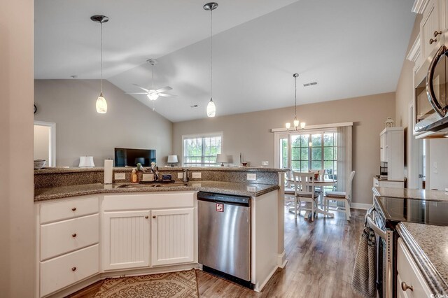 377 Copperwood Loop, Conway, SC 29526 - kitchen with appliances with stainless steel finishes, a sink, a ceiling fan, light wood-style floors, and lofted ceiling