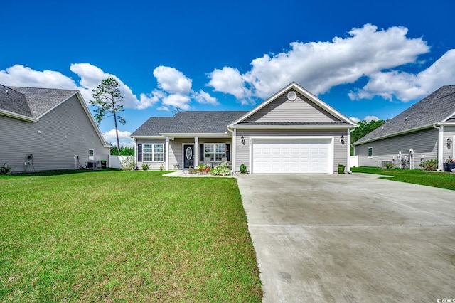 ranch-style home with a garage, a front yard, central AC, and concrete driveway