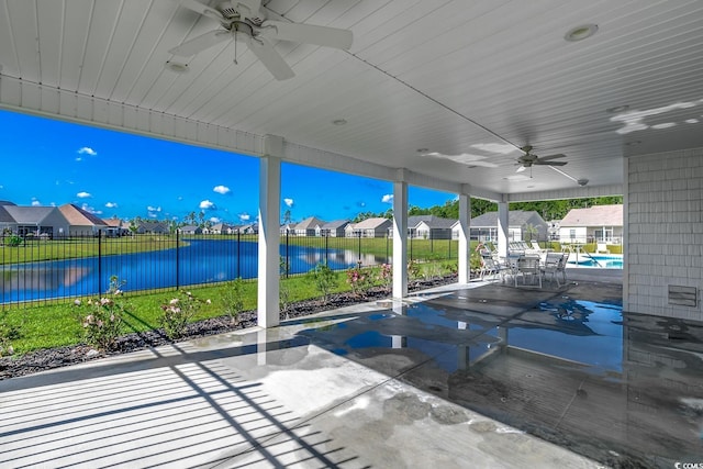 view of patio / terrace featuring a residential view, a fenced backyard, and ceiling fan
