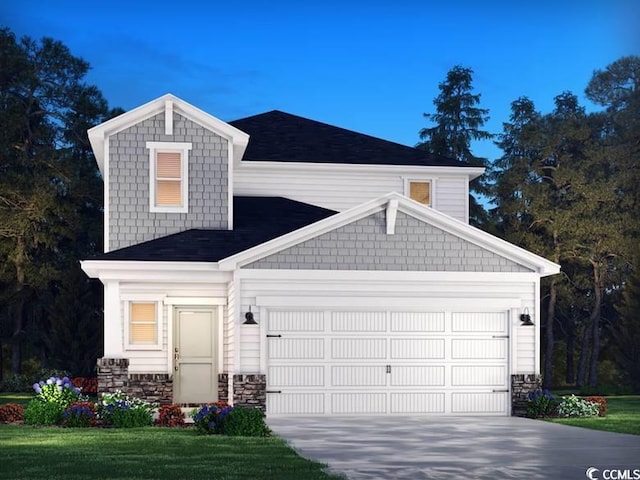 4337 Falls Oaks St, Myrtle Beach, SC 29579 - view of front facade featuring a garage, a shingled roof, concrete driveway, and stone siding