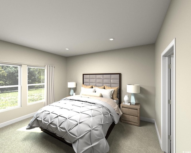 bedroom with carpet floors, baseboards, and recessed lighting