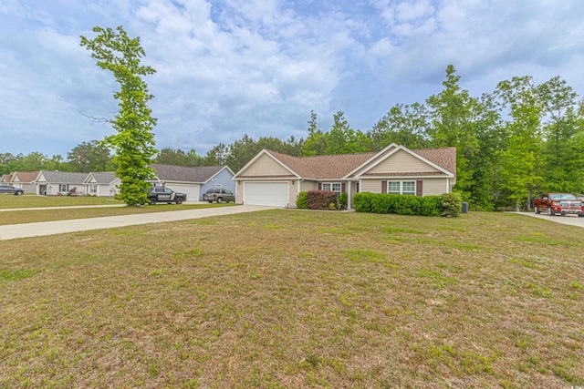 ranch-style home featuring a front lawn, driveway, and an attached garage