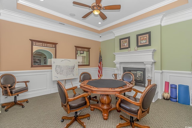178 Kessinger Dr, Surfside Beach, SC 29575 - carpeted home office with ceiling fan, wainscoting, a glass covered fireplace, ornamental molding, and a decorative wall