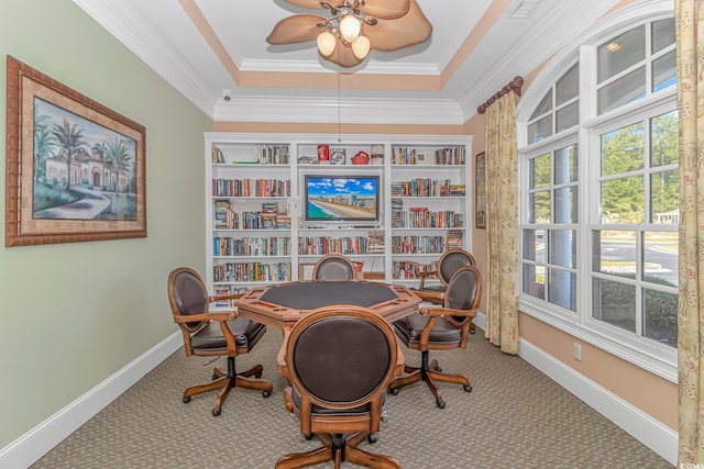 178 Kessinger Dr, Surfside Beach, SC 29575 - carpeted office with ceiling fan, crown molding, a raised ceiling, and baseboards