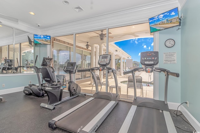 178 Kessinger Dr, Surfside Beach, SC 29575 - workout area with ornamental molding, baseboards, and a ceiling fan
