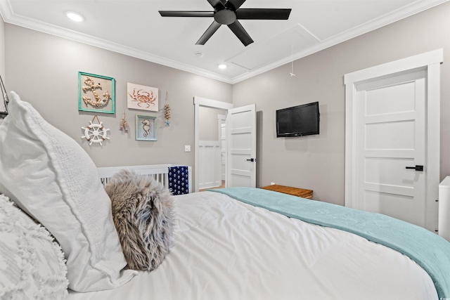 bedroom featuring recessed lighting, crown molding, ceiling fan, and attic access