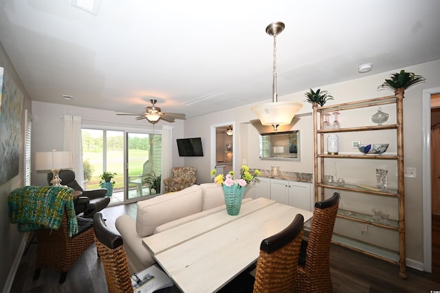 dining area with visible vents, a ceiling fan, and dark wood-style floors