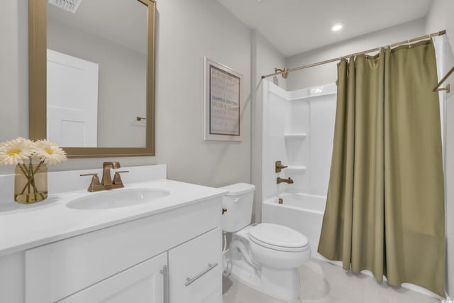 full bathroom featuring vanity, toilet, shower / bath combination with curtain, and recessed lighting