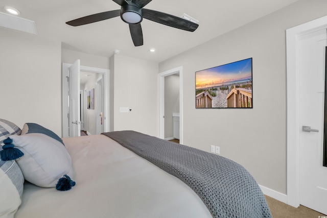 carpeted bedroom featuring recessed lighting, baseboards, and ceiling fan