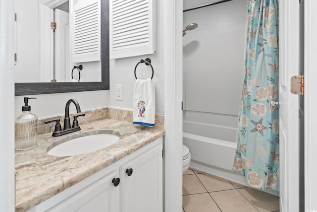 full bathroom with tile patterned floors, vanity, toilet, and shower / tub combo with curtain