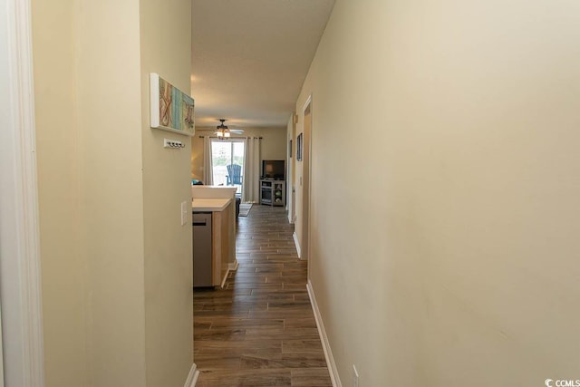 201 Landing Rd Unit D, North Myrtle Beach, SC 29582 - hallway featuring dark wood-type flooring and baseboards