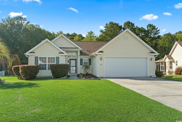 ranch-style house featuring concrete driveway, an attached garage, and a front lawn