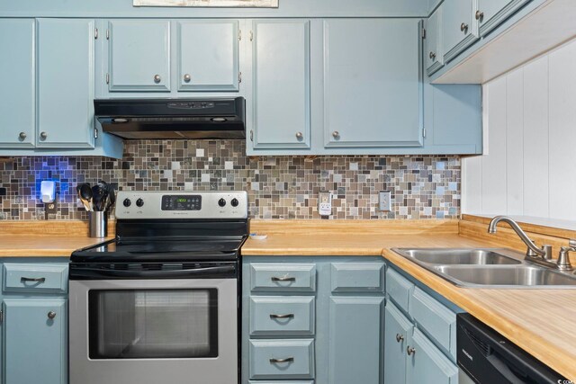 9501 Shore Dr Unit B-316, Myrtle Beach, SC 29572 - kitchen featuring a sink, stainless steel range with electric cooktop, light countertops, under cabinet range hood, and black dishwasher