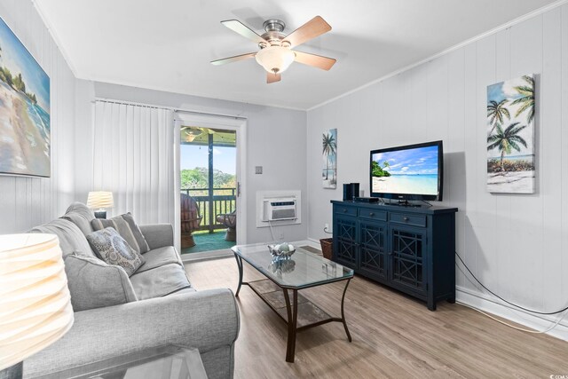 9501 Shore Dr Unit B-316, Myrtle Beach, SC 29572 - living room featuring a wall mounted AC, ornamental molding, light wood finished floors, and a ceiling fan
