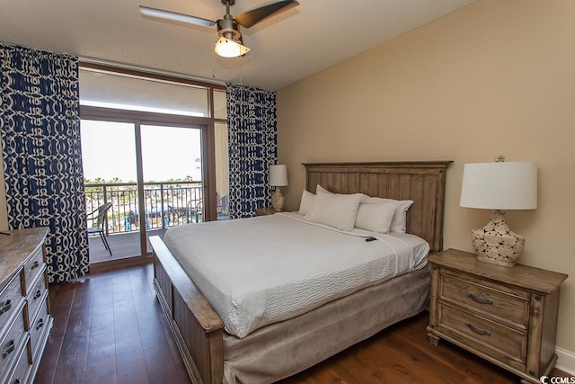 bedroom with dark wood finished floors, ceiling fan, and access to exterior
