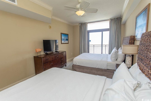 100 N Beach Blvd Unit 1801, North Myrtle Beach, SC 29582 - carpeted bedroom featuring a ceiling fan, baseboards, visible vents, and ornamental molding