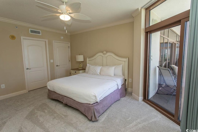 100 N Beach Blvd Unit 1801, North Myrtle Beach, SC 29582 - carpeted bedroom with baseboards, visible vents, access to exterior, and ornamental molding