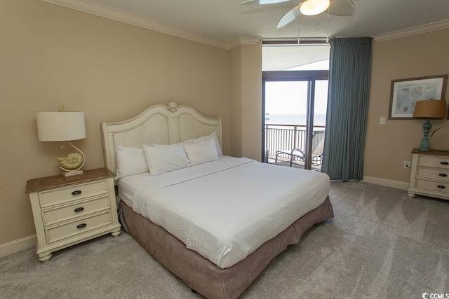 100 N Beach Blvd Unit 1801, North Myrtle Beach, SC 29582 - bedroom with ornamental molding, light carpet, baseboards, ceiling fan, and access to outside