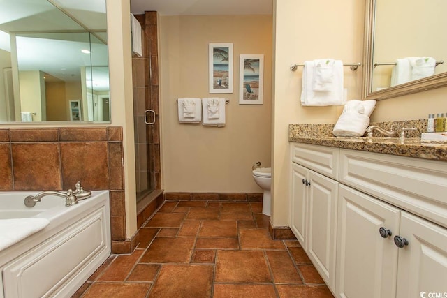 100 N Beach Blvd Unit 1801, North Myrtle Beach, SC 29582 - bathroom featuring vanity, toilet, baseboards, a bath, and a stall shower