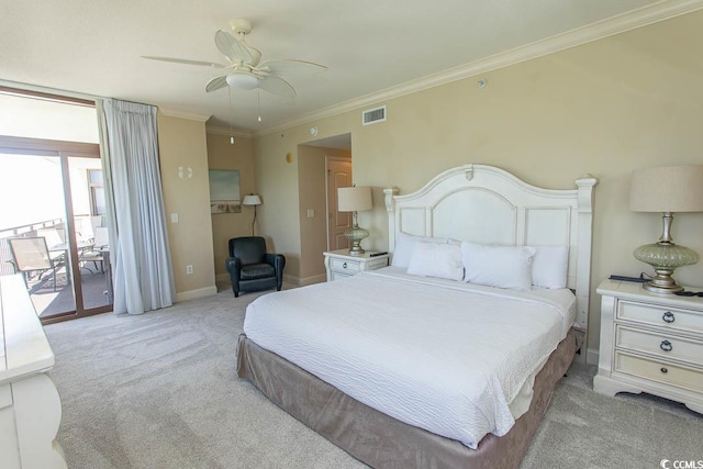 100 N Beach Blvd Unit 1801, North Myrtle Beach, SC 29582 - bedroom featuring light carpet, access to exterior, baseboards, visible vents, and ornamental molding
