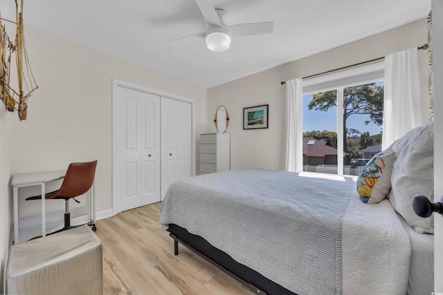 800 9th Ave S Unit A-4, North Myrtle Beach, SC 29582 - bedroom with light wood-style floors, a ceiling fan, and a closet