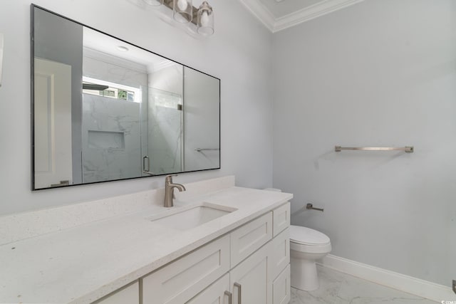 1500 Sunmeadow Dr, Conway, SC 29526 - bathroom with crown molding, toilet, a marble finish shower, vanity, and baseboards