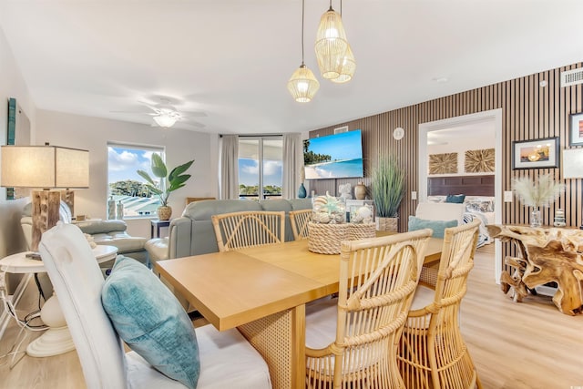 dining room featuring a ceiling fan and light wood finished floors