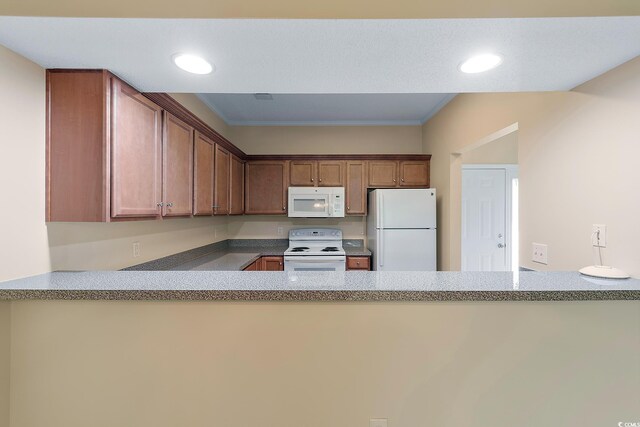 148 Scotch Broom Dr Unit 201, Little River, SC 29566 - kitchen with white appliances, a peninsula, ornamental molding, and recessed lighting