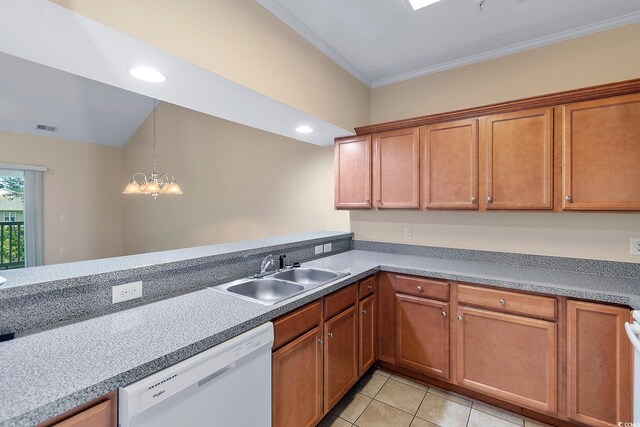148 Scotch Broom Dr Unit 201, Little River, SC 29566 - kitchen with dishwasher, a sink, crown molding, brown cabinets, and light tile patterned floors