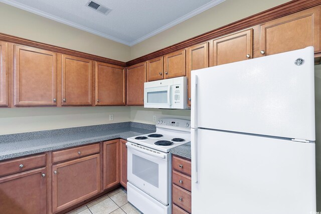 148 Scotch Broom Dr Unit 201, Little River, SC 29566 - kitchen with white appliances, brown cabinets, light tile patterned floors, and ornamental molding