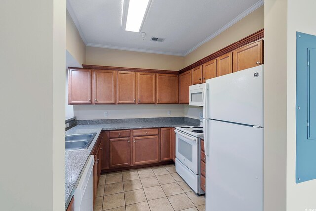 148 Scotch Broom Dr Unit 201, Little River, SC 29566 - kitchen with white appliances, a sink, brown cabinets, crown molding, and light tile patterned floors