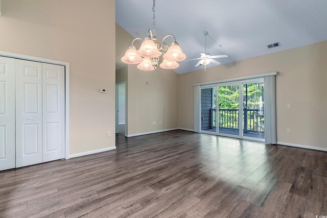 148 Scotch Broom Dr Unit 201, Little River, SC 29566 - unfurnished living room featuring high vaulted ceiling, a chandelier, wood finished floors, baseboards, and ceiling fan