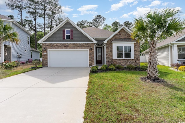 craftsman inspired home with a front lawn, driveway, and stone siding