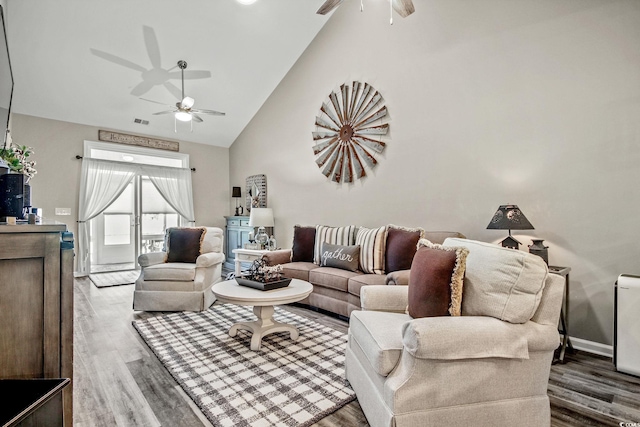 830 San Marco Ct Unit 2603-B, Myrtle Beach, SC 29579 - living room with high vaulted ceiling, ceiling fan, wood finished floors, and visible vents