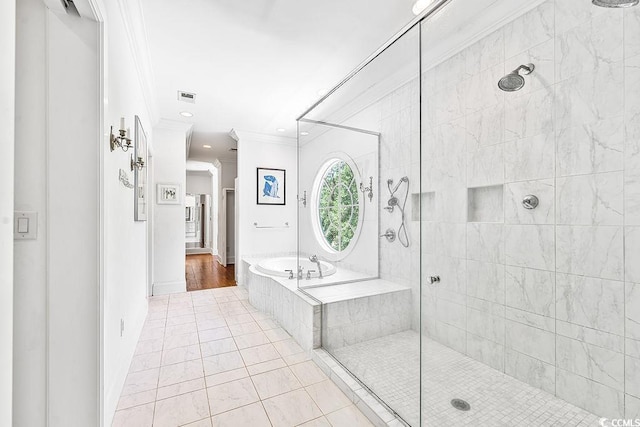 486 Lantana Cir, Georgetown, SC 29440 - bathroom with crown molding, tiled shower, a garden tub, tile patterned flooring, and recessed lighting