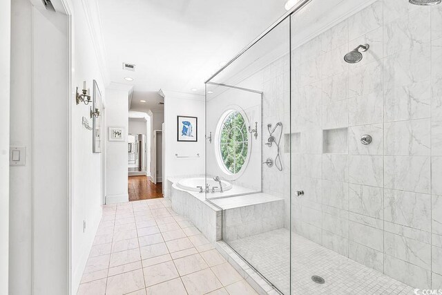 486 Lantana Cir, Georgetown, SC 29440 - bathroom with crown molding, tiled shower, a garden tub, tile patterned flooring, and recessed lighting