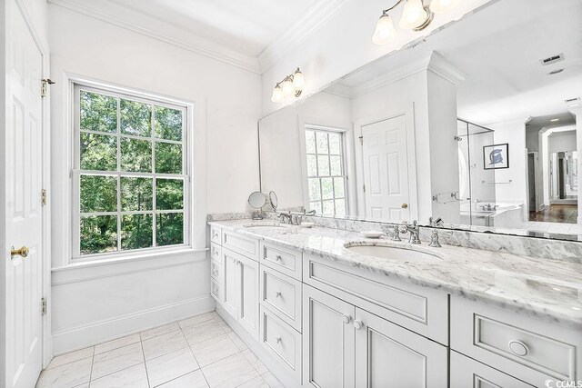 486 Lantana Cir, Georgetown, SC 29440 - bathroom with healthy amount of natural light, double vanity, ornamental molding, baseboards, and a shower