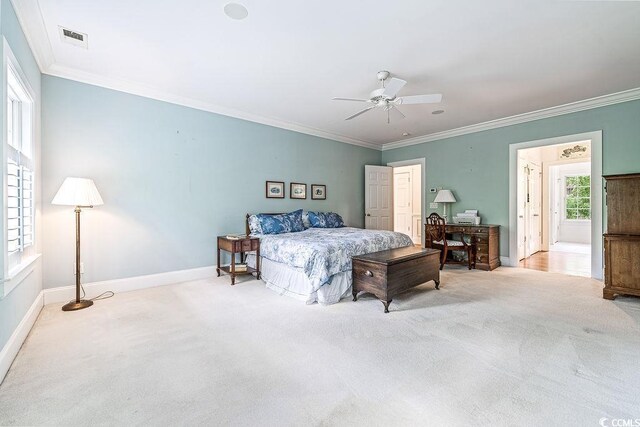 486 Lantana Cir, Georgetown, SC 29440 - bedroom featuring carpet, ornamental molding, baseboards, and a ceiling fan