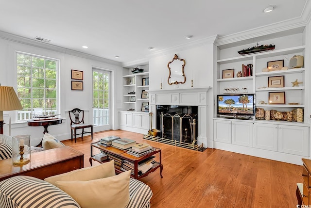 486 Lantana Cir, Georgetown, SC 29440 - living area with crown molding, light wood-type flooring, a fireplace with raised hearth, and built in features