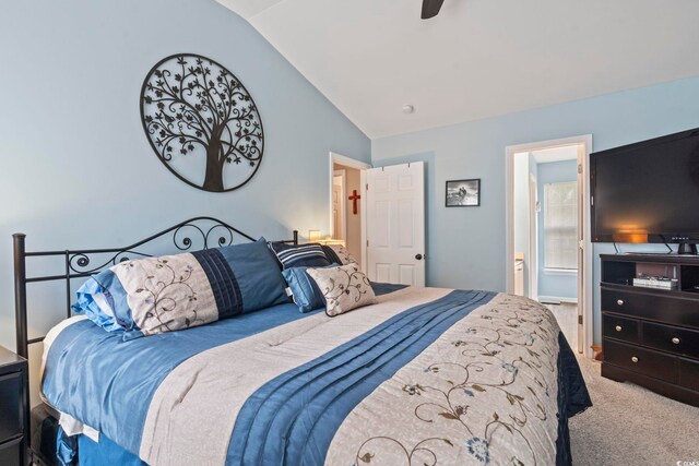 216 Whitchurch St, Murrells Inlet, SC 29576 - carpeted bedroom with ensuite bathroom, a ceiling fan, and vaulted ceiling