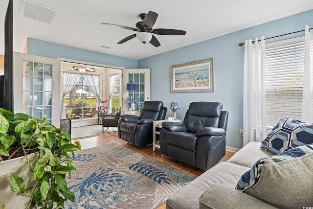 216 Whitchurch St, Murrells Inlet, SC 29576 - living room featuring visible vents, a ceiling fan, and wood finished floors