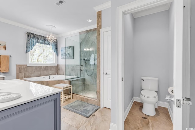 120 Whitemarsh Ct, Murrells Inlet, SC 29576 - bathroom featuring a bath, toilet, visible vents, an inviting chandelier, and a shower stall