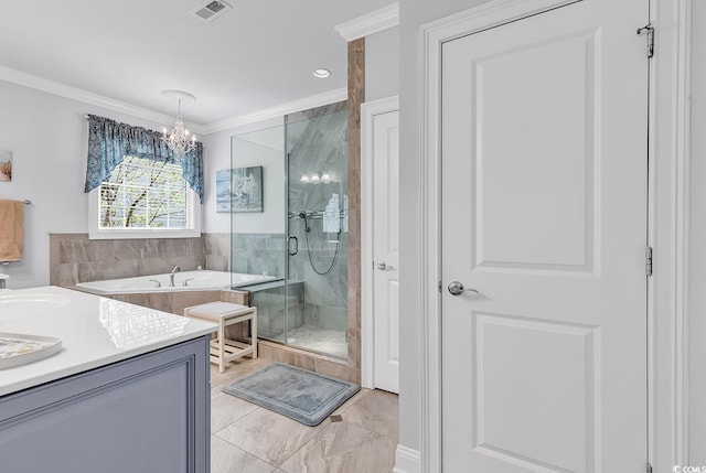 120 Whitemarsh Ct, Murrells Inlet, SC 29576 - bathroom featuring crown molding, a stall shower, a bath, an inviting chandelier, and visible vents