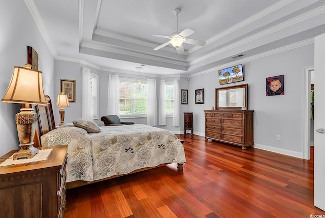 120 Whitemarsh Ct, Murrells Inlet, SC 29576 - bedroom featuring dark wood-style floors, a tray ceiling, visible vents, baseboards, and ceiling fan with notable chandelier