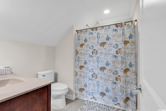 120 Whitemarsh Ct, Murrells Inlet, SC 29576 - full bath with toilet, curtained shower, vaulted ceiling, and tile patterned floors